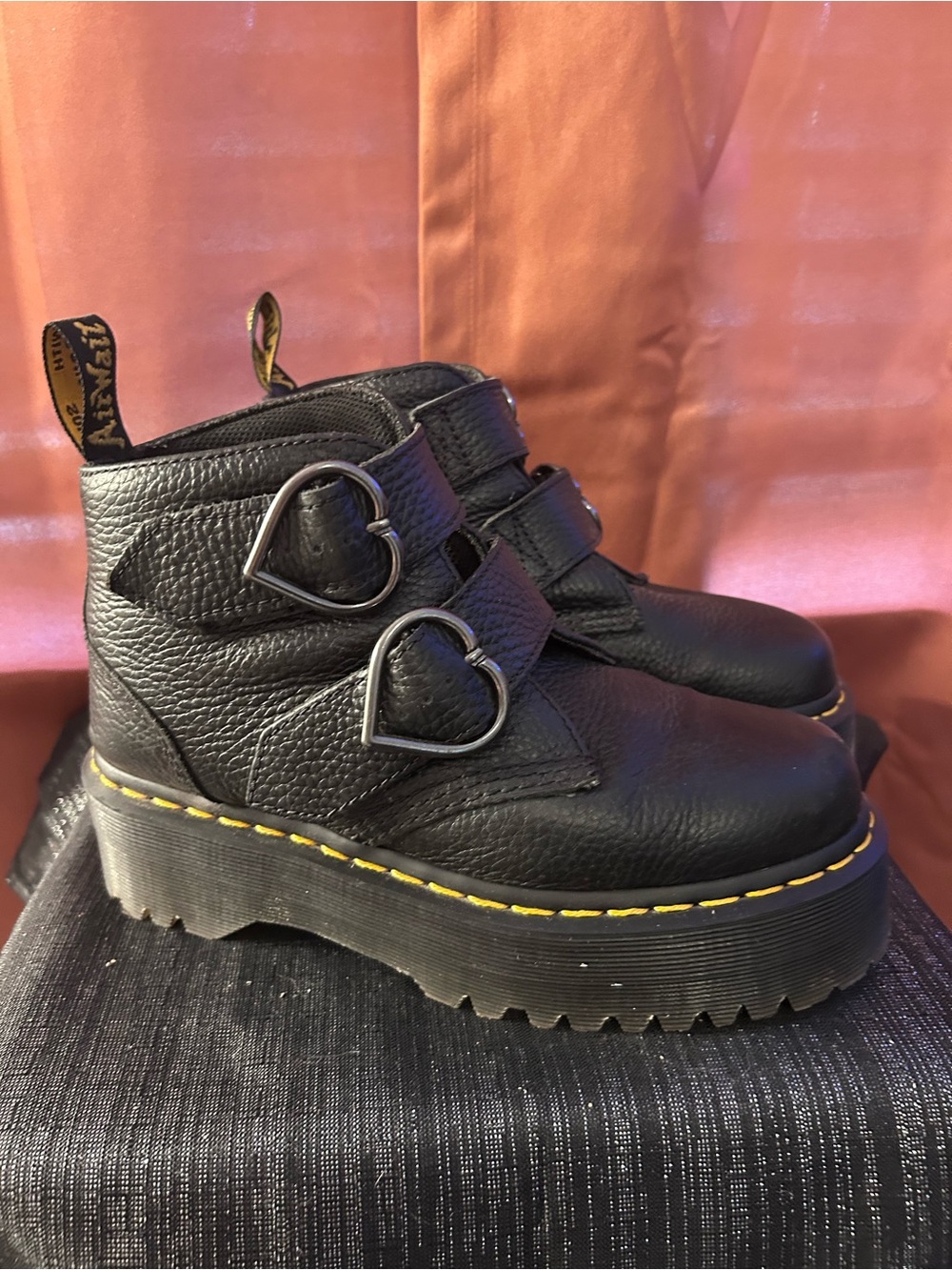 Dr. Martens Devon Black Leather Heart-Buckle Platform Ankle Boots